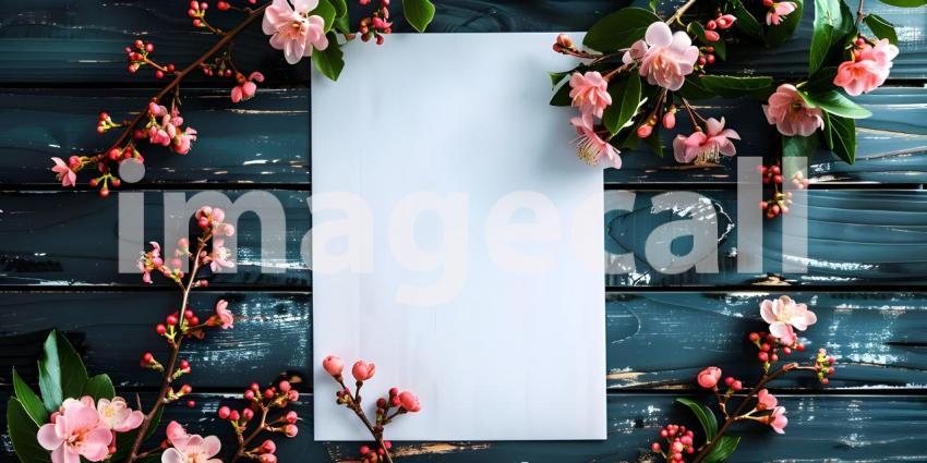 Blank paper with pink flowers on rustic wooden background - Ai generated