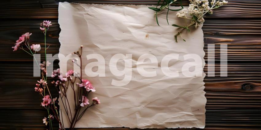 Blank paper with pink flowers on rustic wooden background - Ai generated