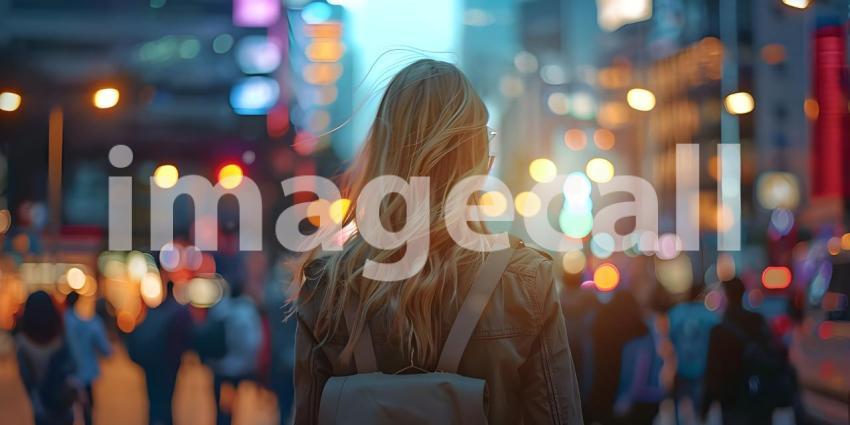 Beautiful young woman walking in the city at night Blurred background - Ai Generated