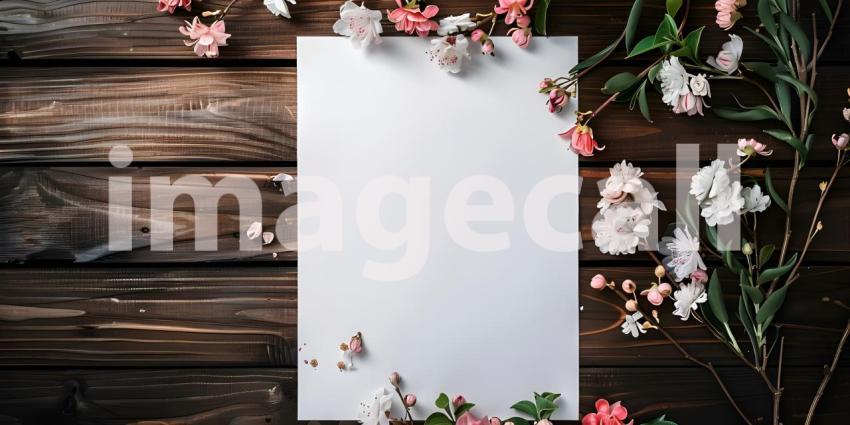 Blank paper with pink flowers on rustic wooden background - Ai generated