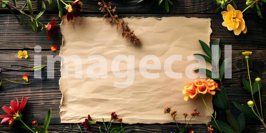 Blank paper with pink flowers on rustic wooden background - Ai generated