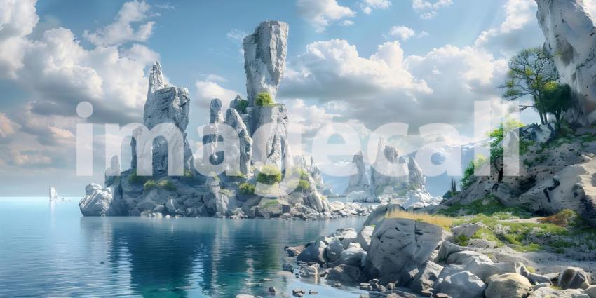Fantasy alien planet, Mountain and lake 3D illustration - Ai Generated