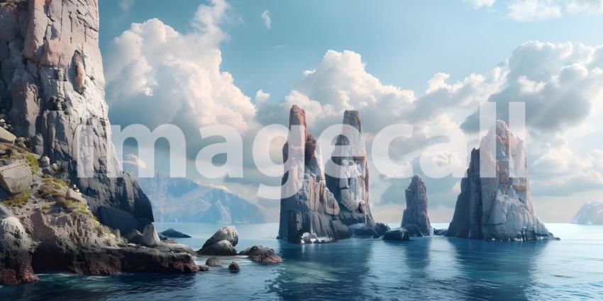 Fantasy alien planet, Mountain and lake 3D illustration - Ai Generated