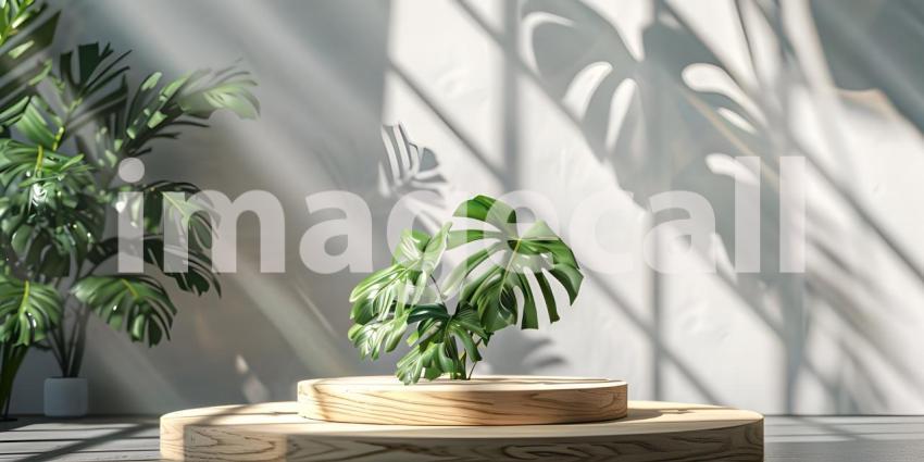 3d render of minimal display podium with tropical leaves and plants background - Ai Generated