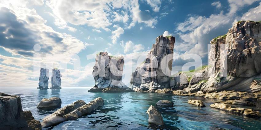 Fantasy alien planet, Mountain and lake 3D illustration - Ai Generated