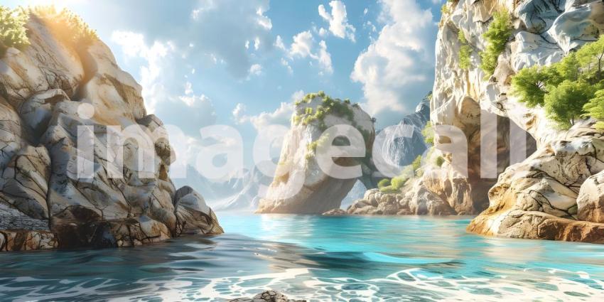 Fantasy alien planet, Mountain and lake 3D illustration - Ai Generated