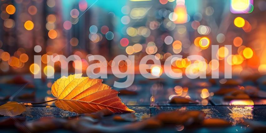 Autumn leaves on the background of the city at sunset, Autumn background - Ai generated