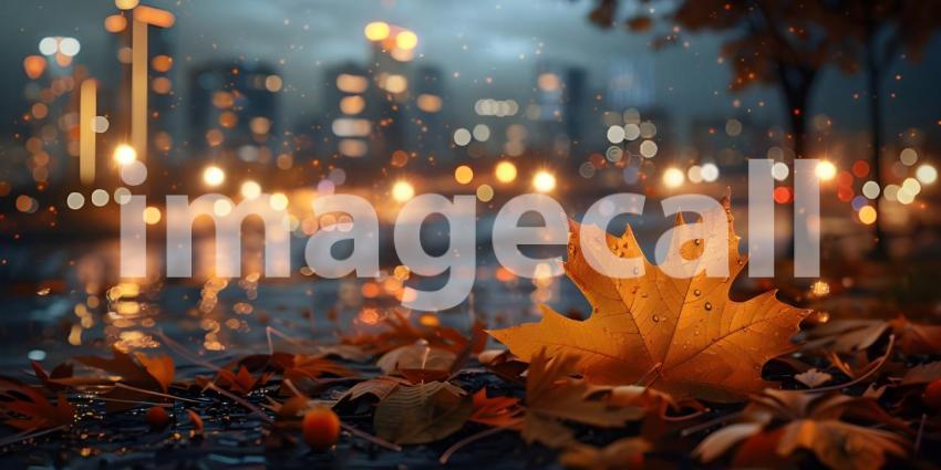 Autumn leaves on the background of the city at sunset, Autumn background - Ai generated