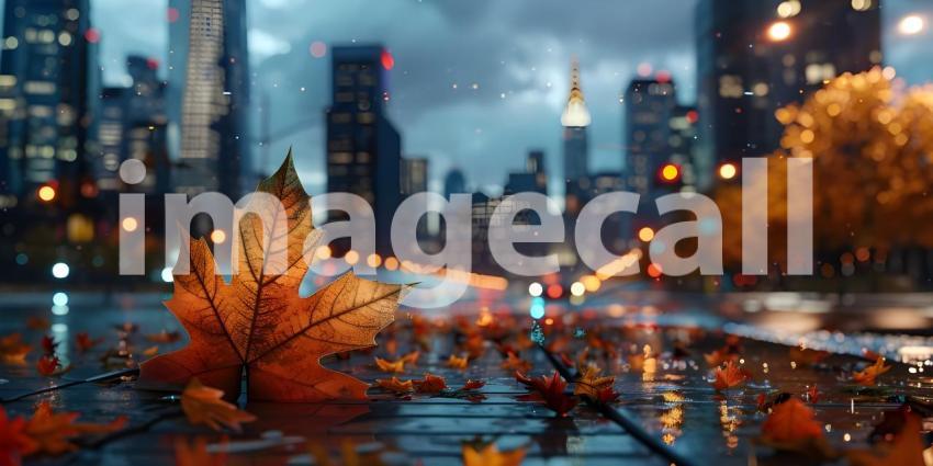 Autumn leaves on the background of the city at sunset, Autumn background - Ai generated