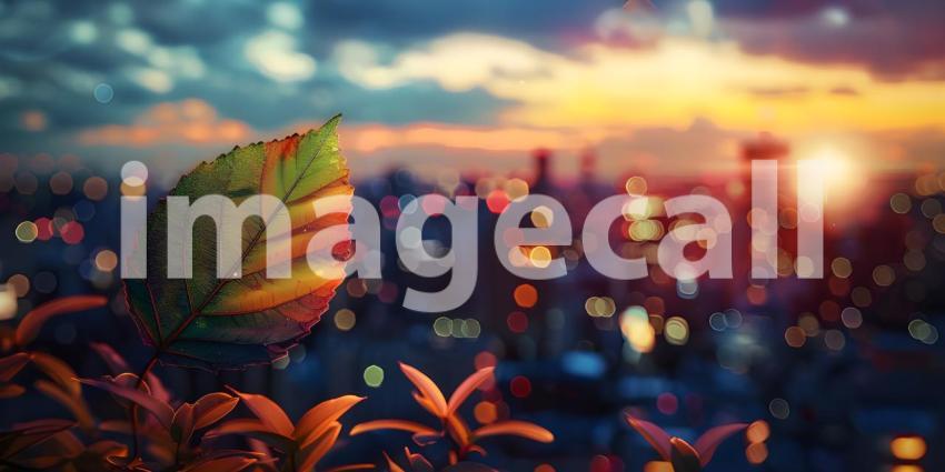 Autumn leaves on the background of the city at sunset, Autumn background - Ai generated
