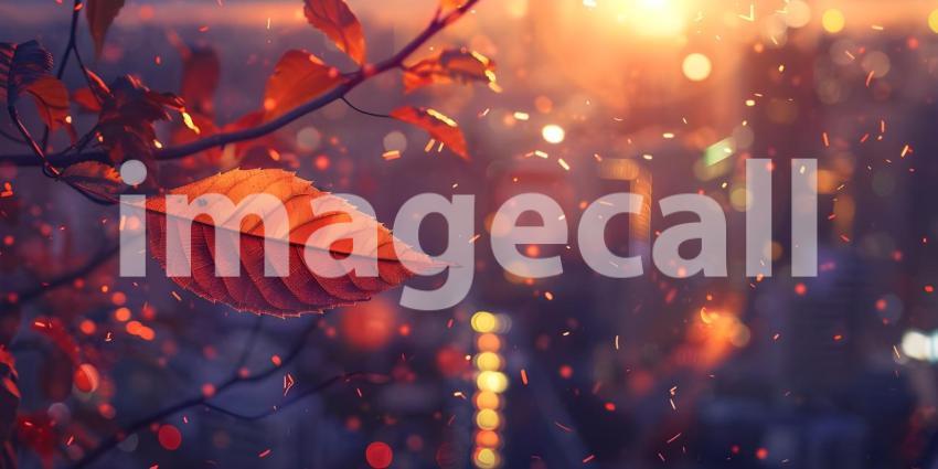 Autumn leaves on the background of the city at sunset, Autumn background - Ai generated