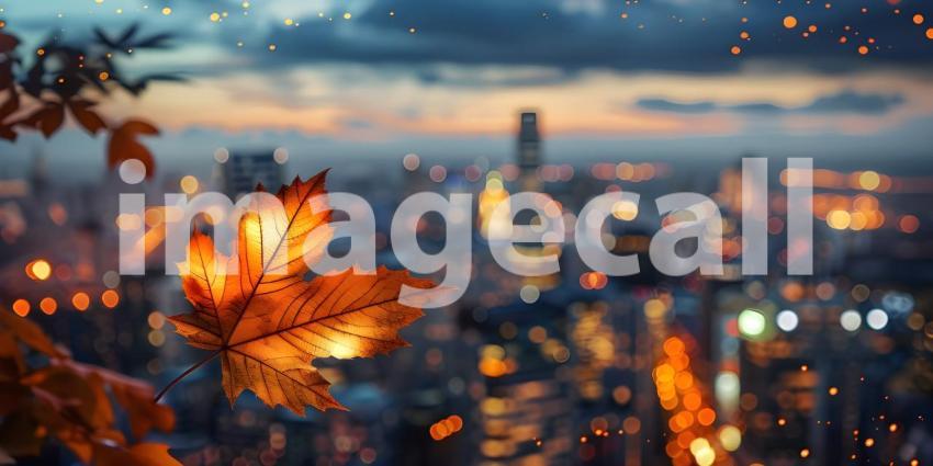 Autumn leaves on the background of the city at sunset, Autumn background - Ai generated