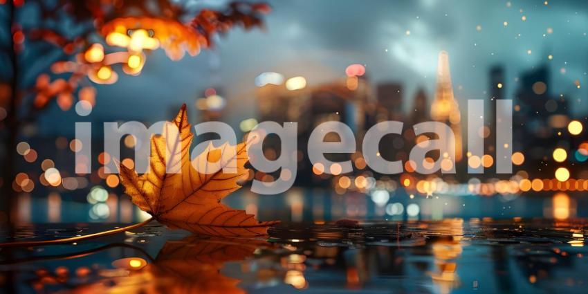 Autumn leaves on the background of the city at sunset, Autumn background - Ai generated