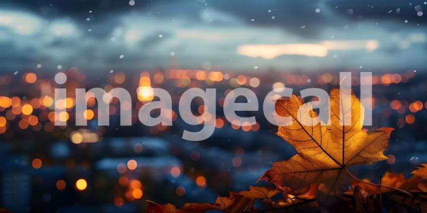 Autumn leaves on the background of the city at sunset, Autumn background - Ai generated