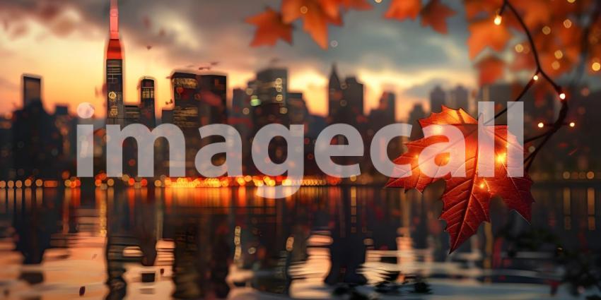 Autumn leaves on the background of the city at sunset, Autumn background - Ai generated