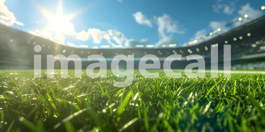 Close-up of green grass with bokeh lights on football stadium - Ai Generated