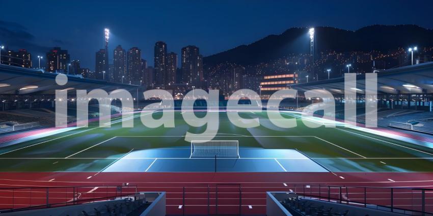 Soccer stadium at night with lights and fog in the background - Ai Generated