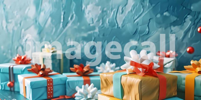 Top view of Christmas gift boxes and snowflakes on blue background - Ai Generated