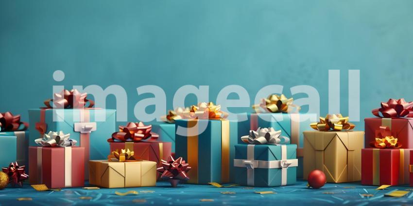 Top view of Christmas gift boxes and snowflakes on blue background - Ai Generated