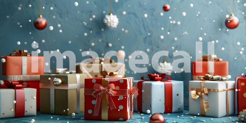 Top view of Christmas gift boxes and snowflakes on blue background - Ai Generated