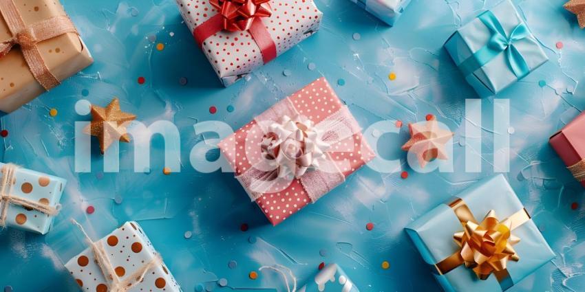 Top view of Christmas gift boxes and snowflakes on blue background - Ai Generated