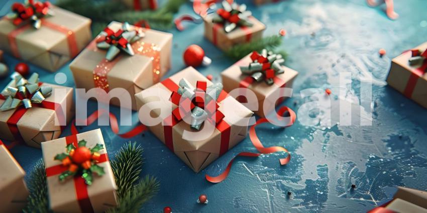 Top view of Christmas gift boxes and snowflakes on blue background - Ai Generated