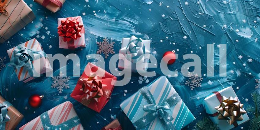 Top view of Christmas gift boxes and snowflakes on blue background - Ai Generated