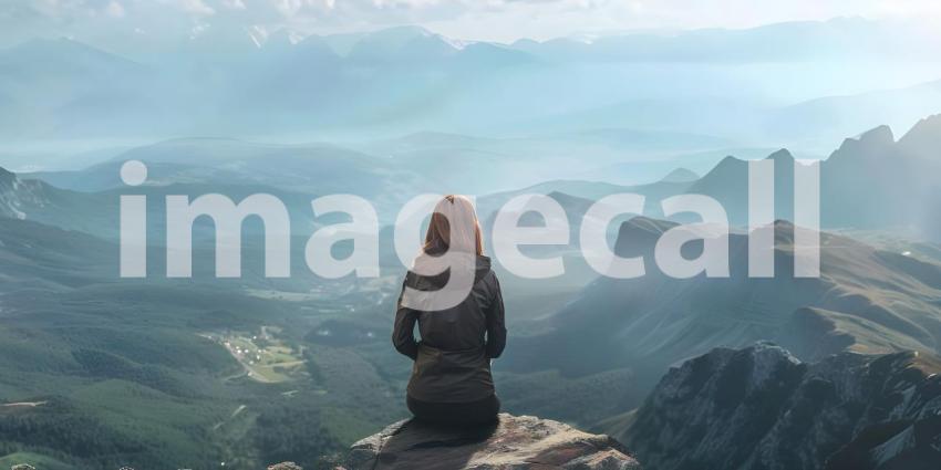 Woman sitting on top of the mountain and looking at the beautiful landscape - Ai Generated