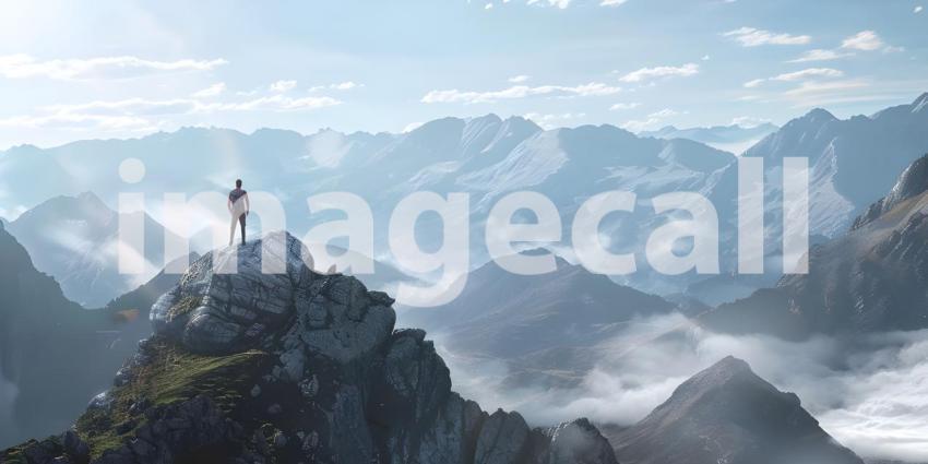 Man standing on top of the mountain and looking at the mountains - Ai generated