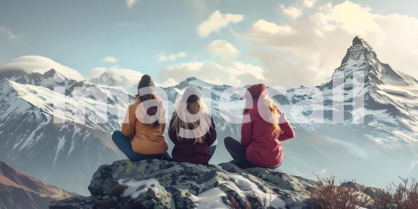 Woman sitting on top of the mountain and looking at the beautiful landscape - Ai Generated