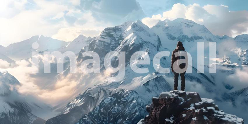 Man standing on top of the mountain and looking at the mountains - Ai generated