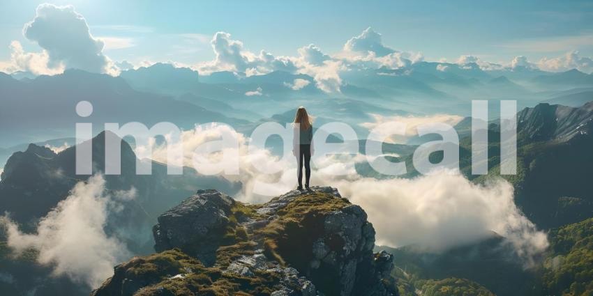 Woman sitting on top of the mountain and looking at the beautiful landscape - Ai Generated