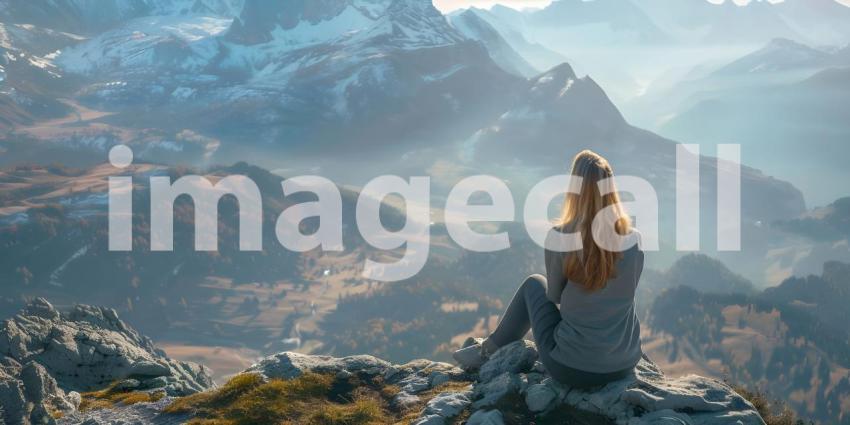 Woman sitting on top of the mountain and looking at the beautiful landscape - Ai Generated