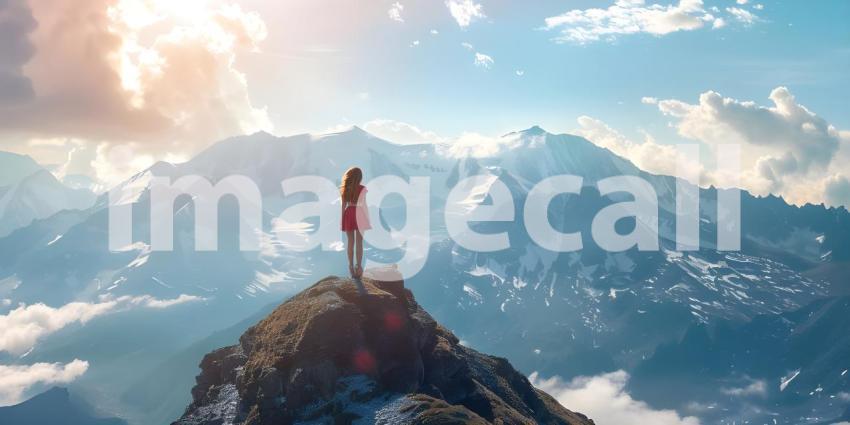 Woman sitting on top of the mountain and looking at the beautiful landscape - Ai Generated