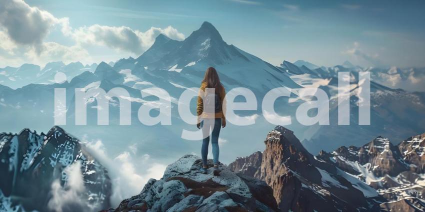 Woman sitting on top of the mountain and looking at the beautiful landscape - Ai Generated