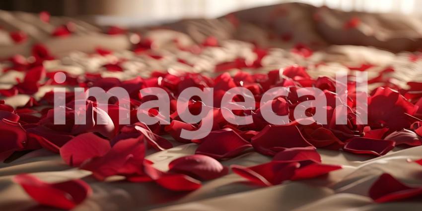 Red rose petals on bed in bedroom, Valentine's day concept - Ai Generated