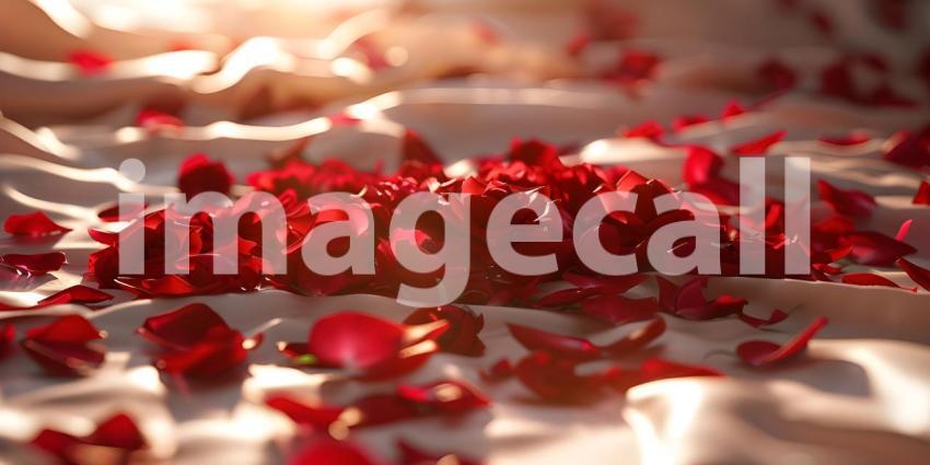Red rose petals on bed in bedroom, Valentine's day concept - Ai Generated