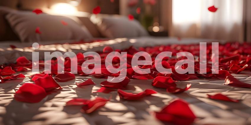 Red rose petals on bed in bedroom, Valentine's day concept - Ai Generated