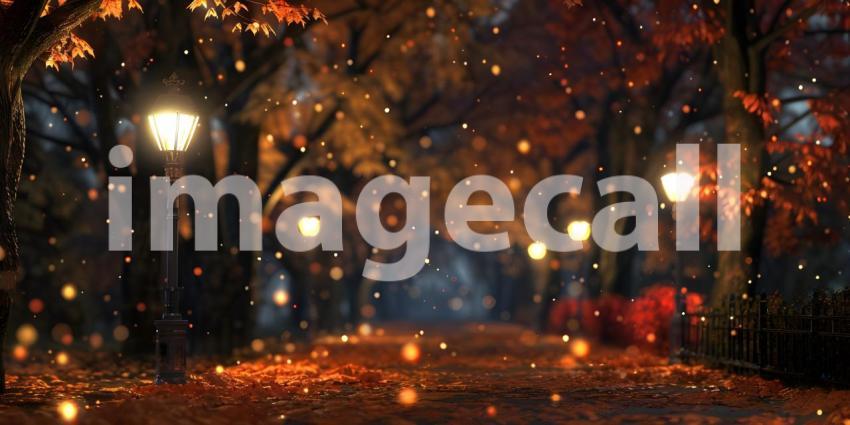 Autumn park alley with lanterns and falling leaves - Ai generated