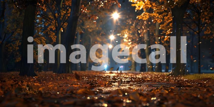 Autumn park alley with lanterns and falling leaves - Ai generated