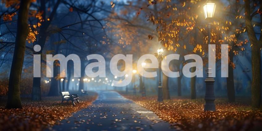 Autumn park alley with lanterns and falling leaves - Ai generated