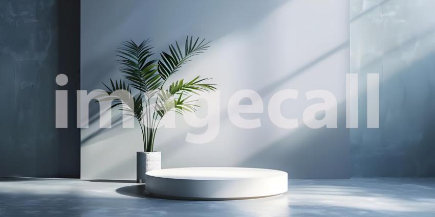 3d rendering of white podium for product presentation with palm leaf shadow on the wall - Ai Generated