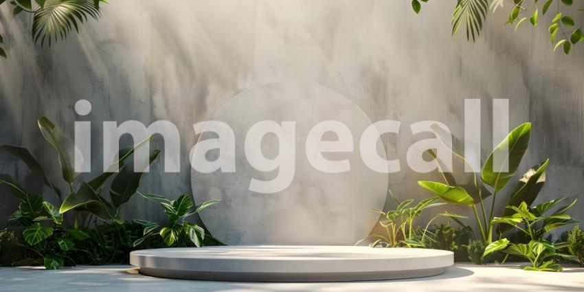 3d rendering of white podium for product presentation with palm leaf shadow on the wall - Ai Generated