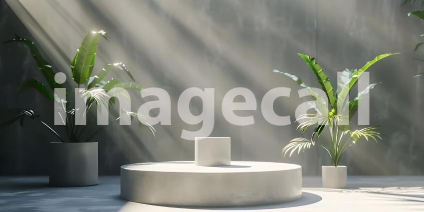 3d rendering of white podium for product presentation with palm leaf shadow on the wall - Ai Generated
