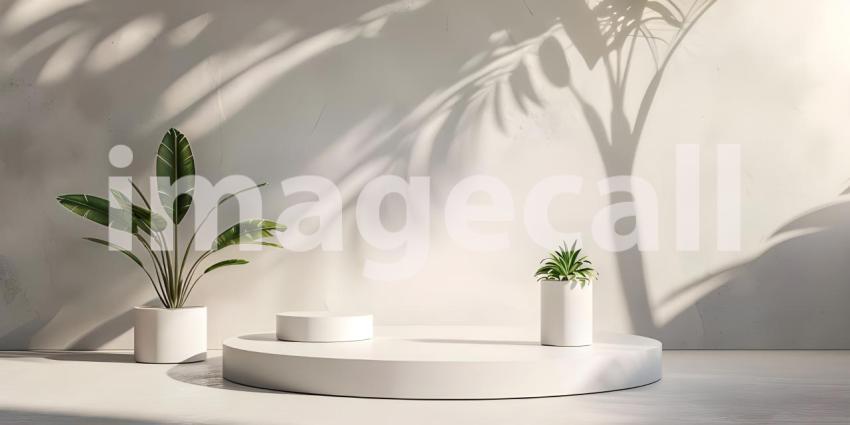 3d rendering of white podium for product presentation with palm leaf shadow on the wall - Ai Generated