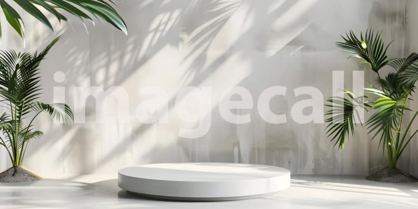 3d rendering of white podium for product presentation with palm leaf shadow on the wall - Ai Generated