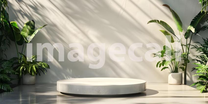 3d rendering of white podium for product presentation with palm leaf shadow on the wall - Ai Generated