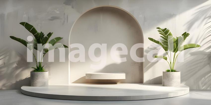 3d rendering of white podium for product presentation with palm leaf shadow on the wall - Ai Generated