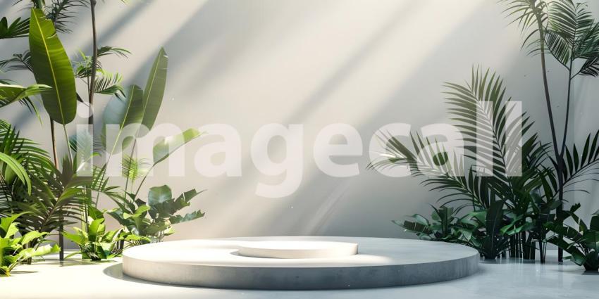 3d rendering of white podium for product presentation with palm leaf shadow on the wall - Ai Generated