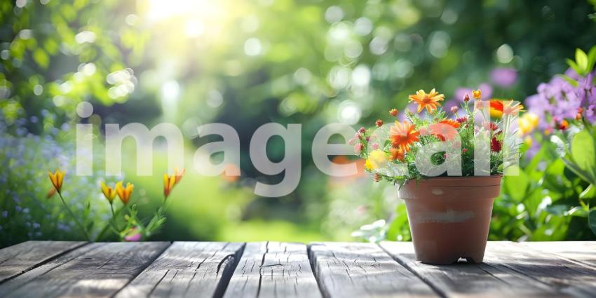 Flower pot on a wooden table in the garden, Selective focus - Ai Generated